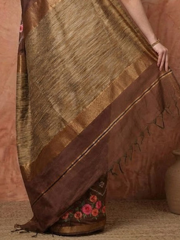 Indiehaat | Kota Silk Ghicha Stripe Embroidery Saree Brown