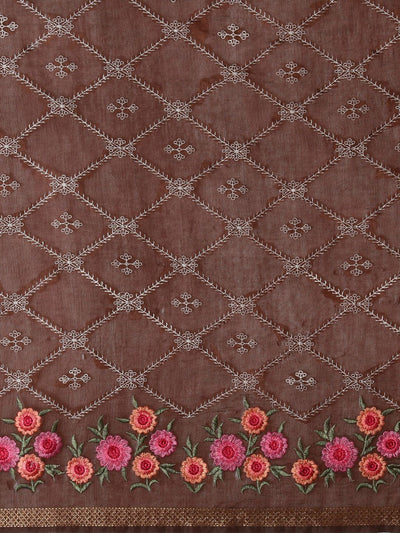 Indiehaat | Kota Silk Ghicha Stripe Embroidery Saree Brown