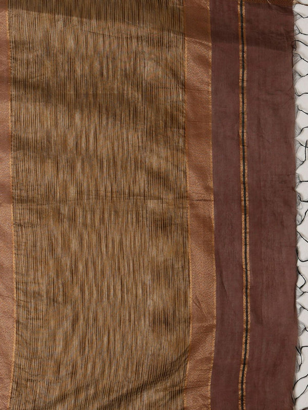 Indiehaat | Kota Silk Ghicha Stripe Embroidery Saree Brown