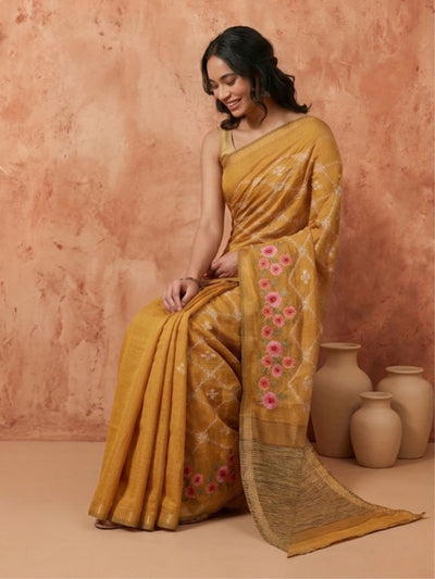 Indiehaat | Kota Silk Ghicha Stripe Embroidery Saree Yellow