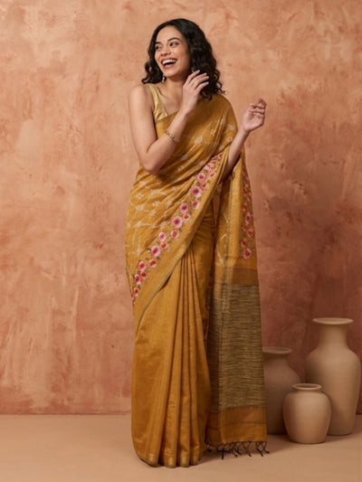 Indiehaat | Kota Silk Ghicha Stripe Embroidery Saree Yellow