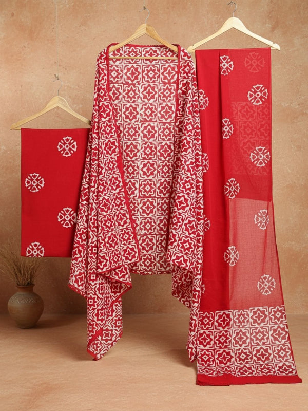 Indiehaat | Pure Mul Cotton Hand Wax Batik Suit Red