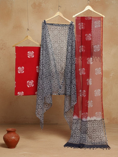 Indiehaat | Kota Doria Hand Wax Batik Suit Blue & Red