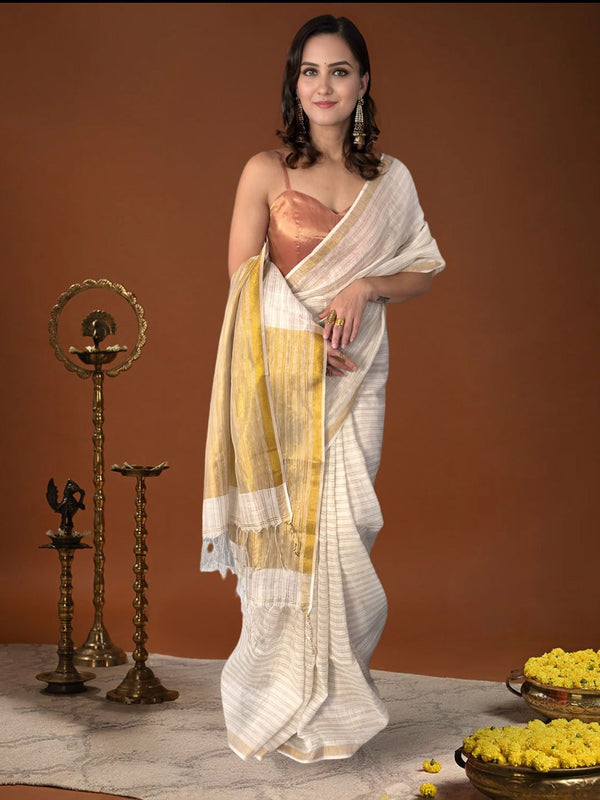 Indiehaat | Pure Linen Zari Weaving White Saree