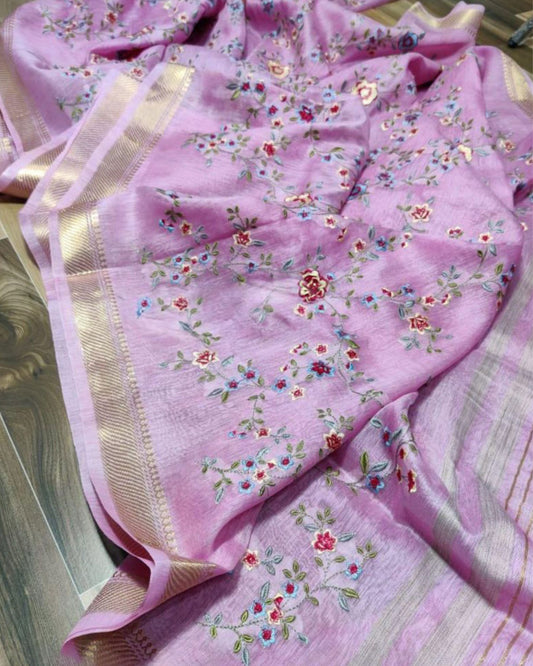Mesmerizing Silk Linen Embroidered Handloom Baby Pink Saree