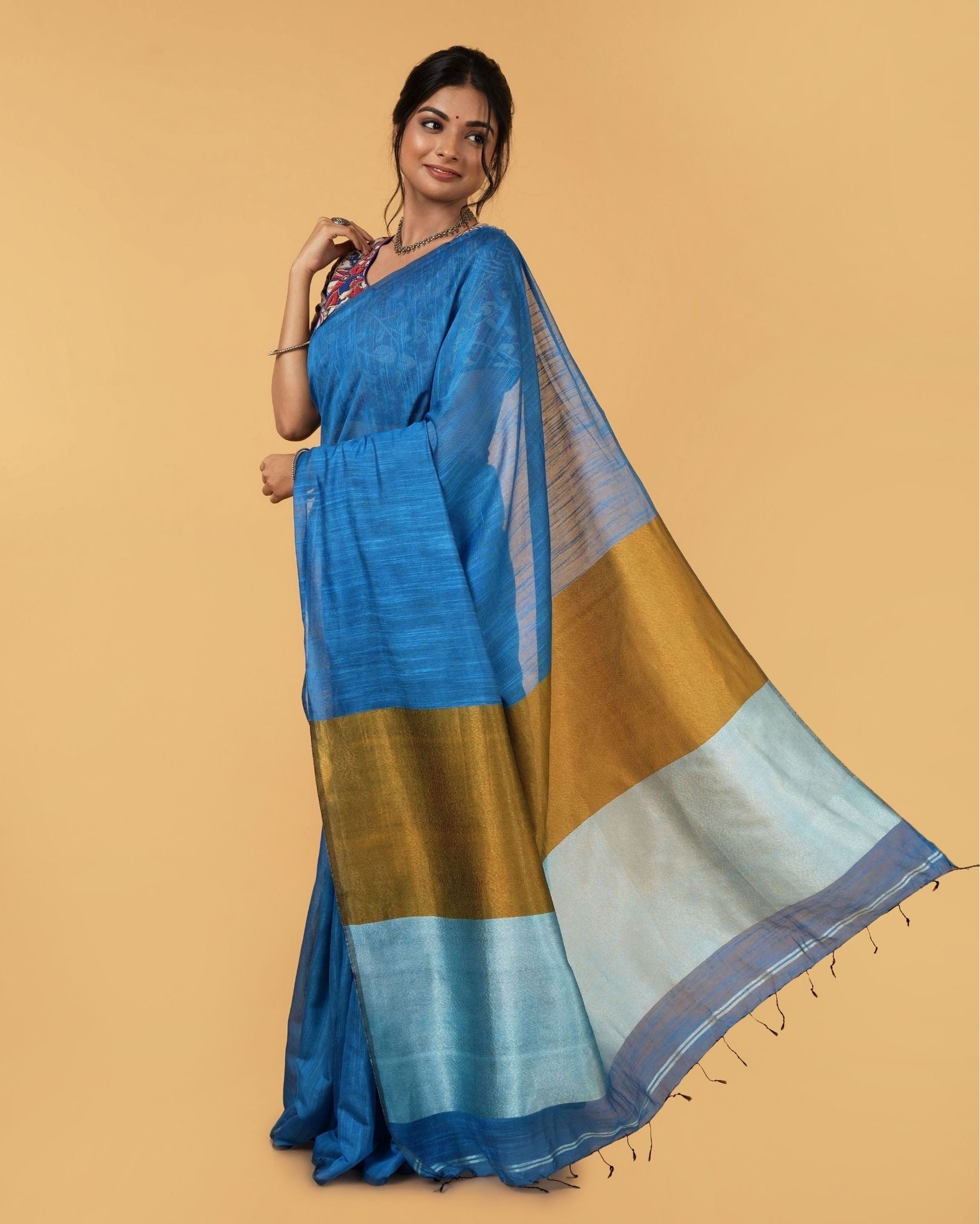 Silk Linen Plain Saree Dark Blue Color with contrast border and