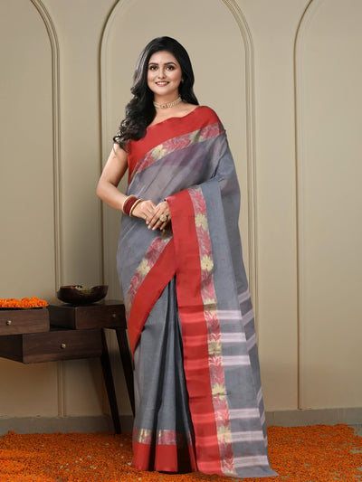 Indiehaat | Pure Cotton Jamdani Saree Gray