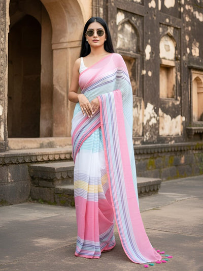 Indiehaat | Pure Mul Cotton Handloom Saree Multicolor