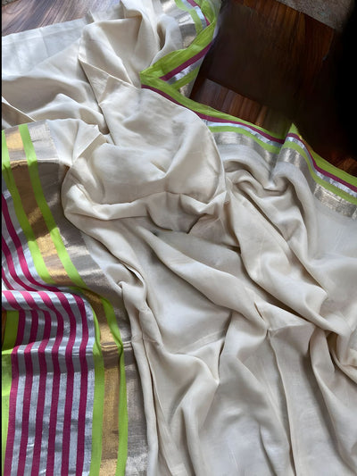 Indiehaat | Pure Mul Cotton Handloom Saree White