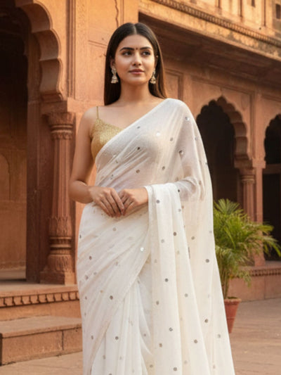 Indiehaat | Pure Mul Cotton Sequin Saree White
