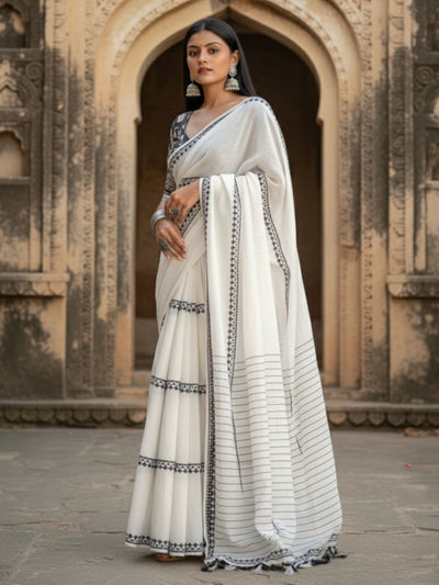 Indiehaat | Pure Khadi Cotton Weaving Design Saree White