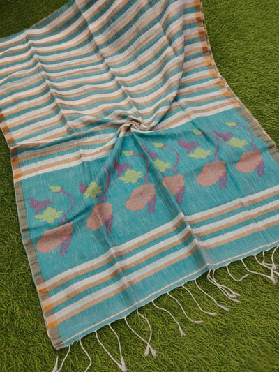 Indiehaat | Pure Linen Hand Weaving Saree Blue