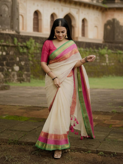 Indiehaat | Pure Mul Cotton Handloom Saree White