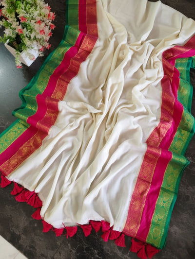 Indiehaat | Pure Mul Cotton Handloom Saree White