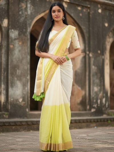 Indiehaat | Pure Mul Cotton Handloom Saree White & Lemon
