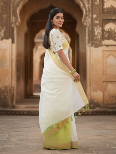 Indiehaat | Pure Mul Cotton Handloom Saree White & Lemon