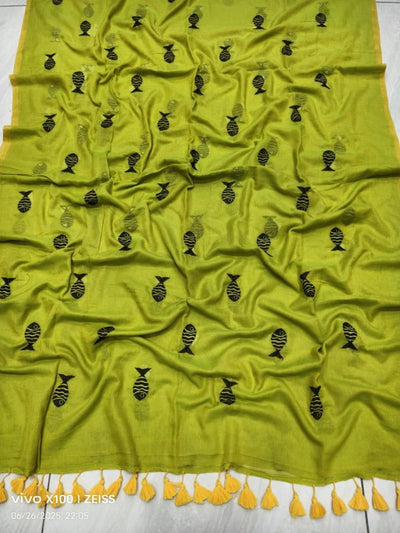 Indiehaat | Pure Mul Cotton Handloom Buti Saree Yellow