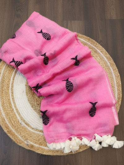 Indiehaat | Pure Mul Cotton Handloom Buti Saree Pink