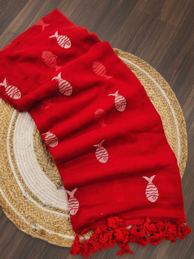 Indiehaat | Pure Mul Cotton Handloom Buti Saree Red