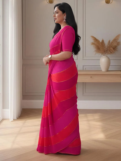 Indiehaat | Pure Mul Cotton Embroidery Saree Pink & Red