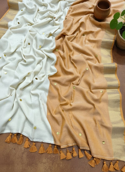 Indiehaat | Pure Mul Cotton Half Gini Saree Peach & White