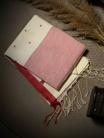 Indiehaat | Pure Mul Cotton Handloom Buti Saree Red & White