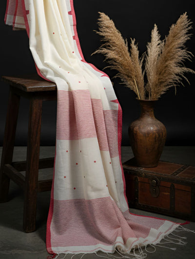 Indiehaat | Pure Mul Cotton Handloom Buti Saree Red & White
