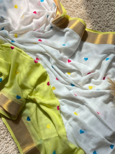 Indiehaat | Pure Mul Cotton Handloom Saree White & Yellow