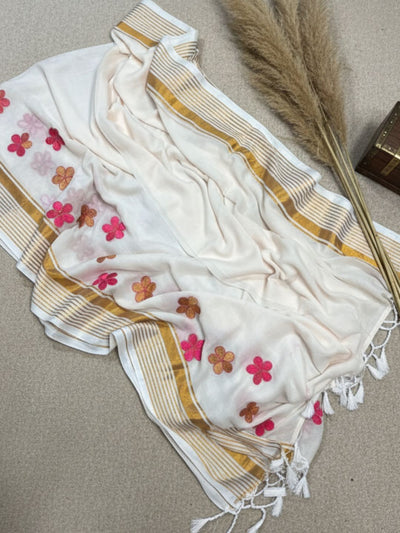 Indiehaat | Pure Mul Cotton Embroidery Saree White