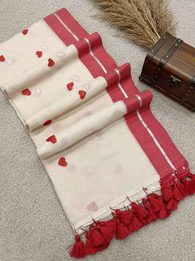 Indiehaat | Pure Mul Cotton Embroidery Saree White