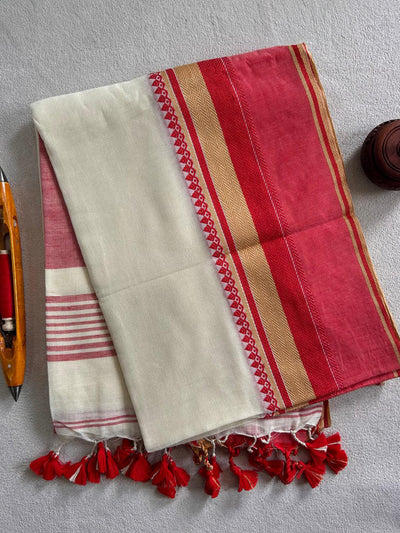 Indiehaat | Pure Khadi Cotton Handloom Saree Red & White