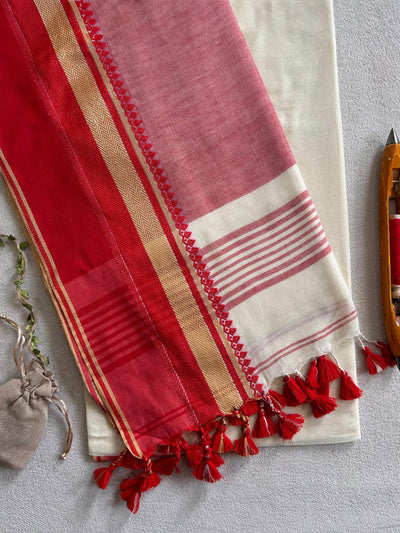 Indiehaat | Pure Khadi Cotton Handloom Saree Red & White
