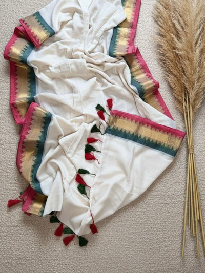 Indiehaat | Pure Mul Cotton Zari Border Saree White