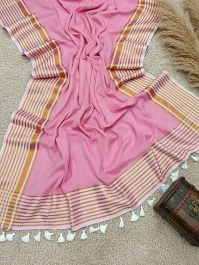 Indiehaat | Pure Mul Cotton Zari Checks Saree Pink