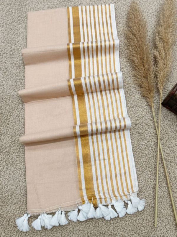 Indiehaat | Pure Mul Cotton Zari Checks Saree Beige