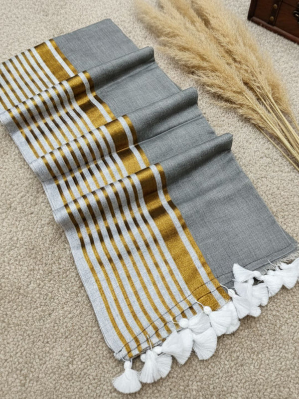 Indiehaat | Pure Mul Cotton Zari Checks Saree Gray