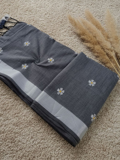 Indiehaat | Pure Khadi Cotton Embroidery Saree Gray