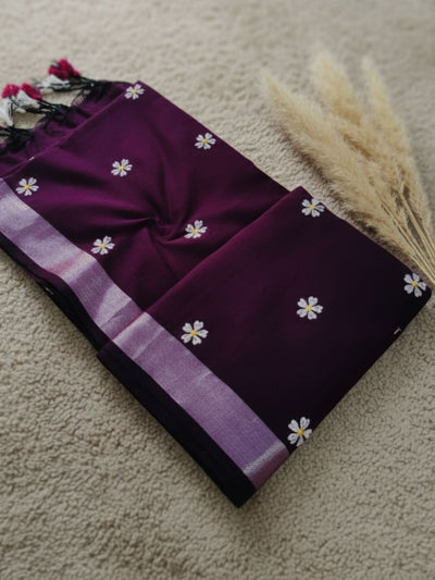 Indiehaat | Pure Khadi Cotton Embroidery Saree Violet