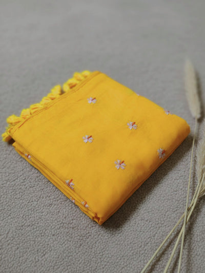 Indiehaat | Pure Mul Cotton Half Embroidery Saree Yellow