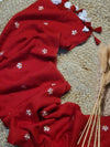 Indiehaat | Pure Mul Cotton Half Embroidery Saree Red