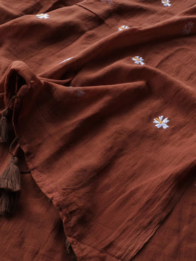 Indiehaat | Pure Mul Cotton Half Embroidery Saree Brown