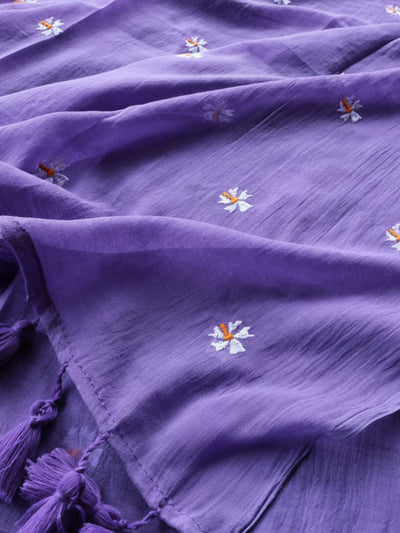 Indiehaat | Pure Mul Cotton Half Embroidery Saree Purple