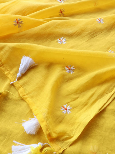 Indiehaat | Pure Mul Cotton Half Embroidery Saree Yellow