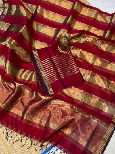 Indiehaat | Maheshwari Silk Zari Weaving Suit Red