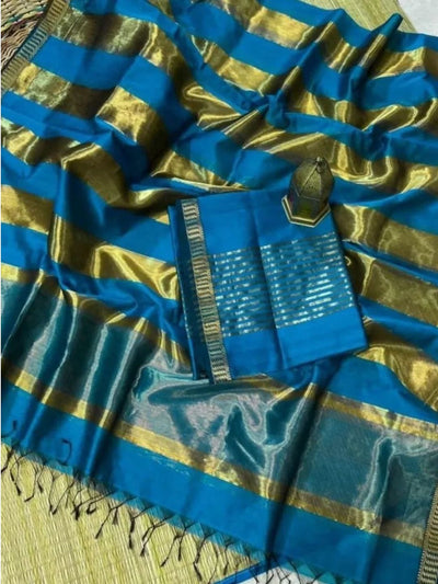 Indiehaat | Maheshwari Silk Zari Weaving Suit Blue
