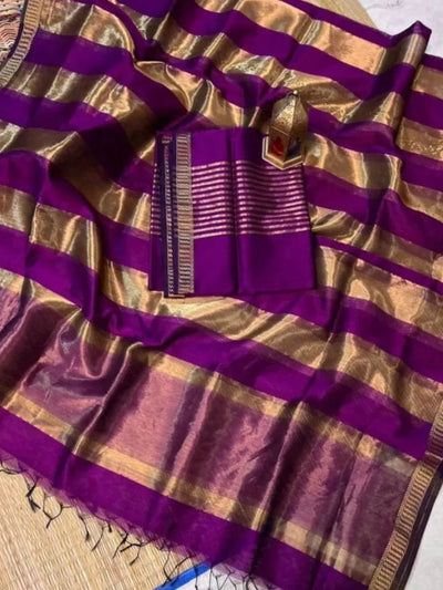 Indiehaat | Maheshwari Silk Zari Weaving Suit Purple