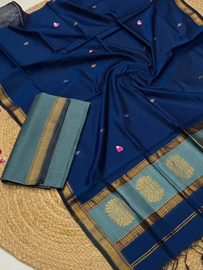 Indiehaat | Maheshwari Silk Zari Weaving Suit Blue
