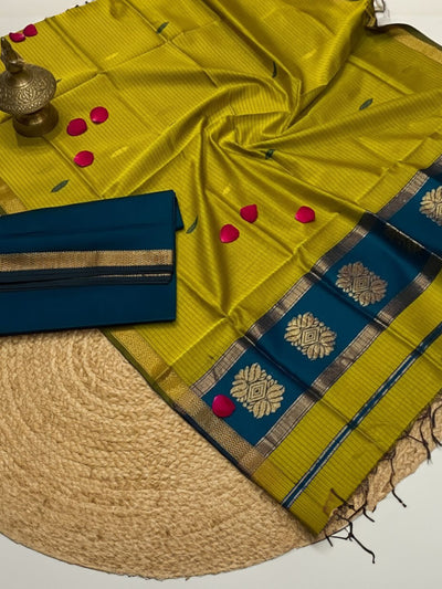 Indiehaat | Maheshwari Silk Zari Weaving Suit Blue