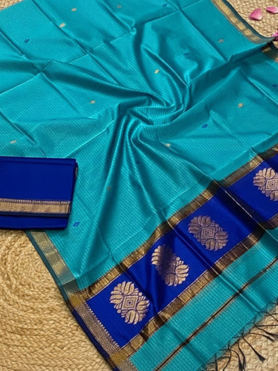 Indiehaat | Maheshwari Silk Zari Weaving Suit Blue