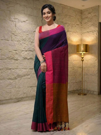 Nirmal Pure Khadi Cotton Sequence Saree Dark Green